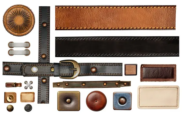 Set Leather Elements Collection Belt Black Brown Color Leather Tag — Stock Photo, Image
