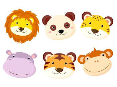 Bir grup Kawaii üyesi ikonu. Çizgi film pandası, su aygırı, aslan, leopar, kaplan, maymun çıkartmaları. Hayvanlı bebek avatar koleksiyonu. Vektör illüstrasyonu EPS8