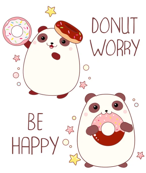 Donut Worry Happy Shirt Design Mit Niedlichen Panda Und Donut — Stockvektor