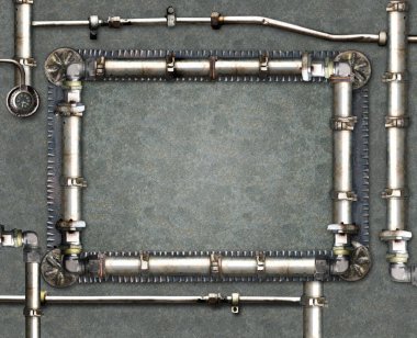 Boru çerçeveli klasik steampunk dekorasyon. Retro boru hatları ve boru dirseği. Eski boru hattıyla endüstriyel zemin. Yağ, gaz ya da tesisat ve vanaları olan buhar boruları. Metin için alanı kopyala