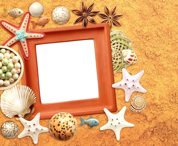 Vintage Travel Background Clay Frame Vacation Souvenirs Small Wooden Fish — Stock Photo, Image