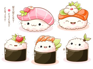 Şirin suşi seti ve kawaii usulü gülen yüzlü rulo. Geleneksel Japon yemekleri. Tişört baskısı, çıkartma, tebrik kartı, menü tasarımı için kullanılabilir