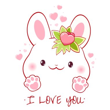 Kawaii tarzında şirin bir sevgililer günü kartı. Pembe kalpli sevimli küçük tavşancık. Yazıt. Seni seviyorum. Tişört baskısı, çıkartma, tebrik kartı tasarımı için kullanılabilir. Vektör illüstrasyonu EPS8