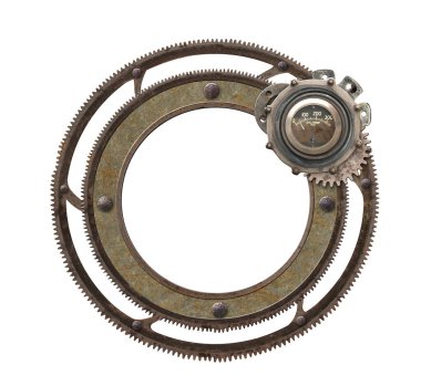 Klasik metal detaylar, vites ve eski perçin içeren metal yuvarlak çerçeve. Beyaz arka planda izole edilmiş. Şablon oluşturun. Uzayı metin için kopyala. Steampunk ve mekanik dekor için kullanılabilir