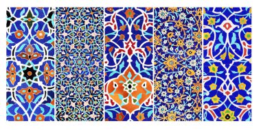 Çiçekli ve geometrik süslemeli antik mozaik duvarların detaylarını içeren dikey ya da yatay pankartlar. Geleneksel İran fayans dekorasyonlu arka plan koleksiyonu