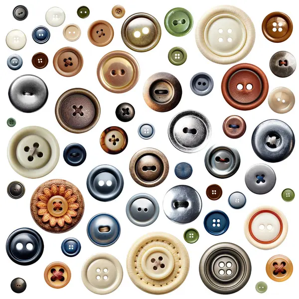Set of buttons of different colors. Isolated on white background. Round plastic and metal clothes button collection. Vintage button, top view