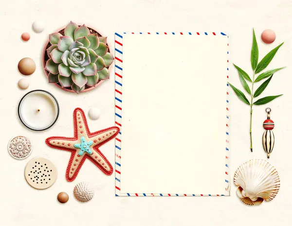 Travel Background Retro Postcard Blank Paper Sheet Green Leaf Shell — Stock Photo, Image