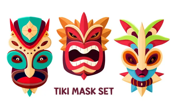 ハワイの伝統的な部族のティキマスクセット ポリネシアのマスクやトーテムコレクション アフリカの伝統的な木製のカラフルなマスク 白い背景に孤立した ベクトルイラスト Eps8 — ストックベクタ