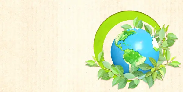 Earth day. Earth, green leaves on cardboard texture. Ecology, go green, environmental and conservation protection concept. Horizontal banner with eco paper texture and planet. 3d render