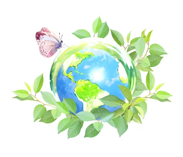 Dia Terra Terra Bola Vidro Borboleta Folhas Verdes Ecologia Verde — Fotografia de Stock