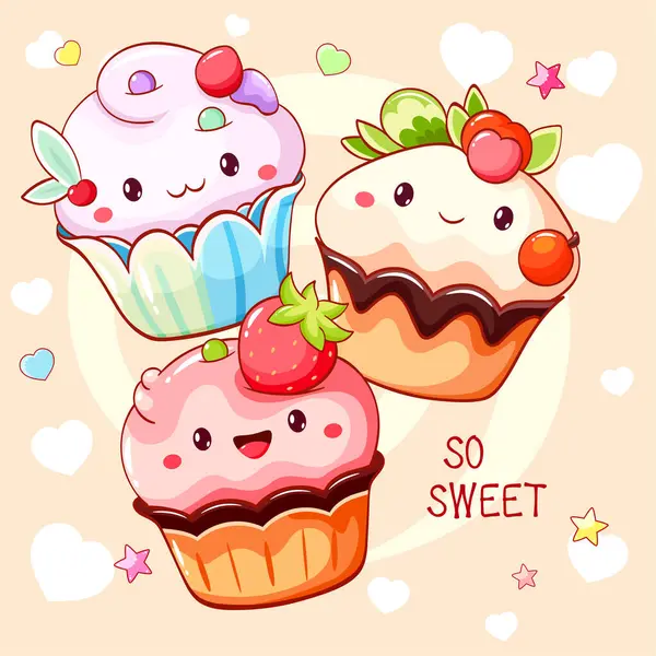 Kort Med Söt Dessert Kawaii Stil Tårta Muffins Och Muffins — Stock vektor