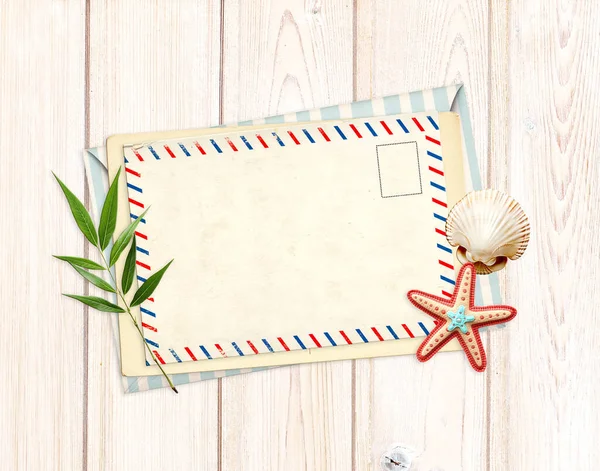 Vintage Post Card Envelope Souvenirs Green Leaf Felt Starfish Shell — Stock Photo, Image