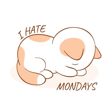 Yerde uyuyan sevimli kedi ve pazartesilerden nefret ediyorum. Yorgunluk, depresyon, üzüntü, rutin konsept korkusu. Pazartesi sabahı üzgün ve hayal kırıklığına uğramış kedi. Vektör illüstrasyonu EPS8