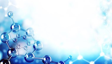 Horizontal banner with model of abstract molecular structure. Background of blue color with glass atom model. Copy space for your text. 3d render