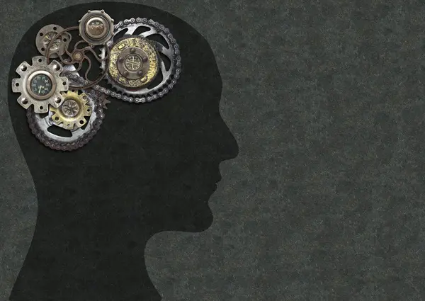 Yatay Steampunk Tarzı Arka Planda Insan Kafası Beyni Dişlilerden Yapılmış — Stok fotoğraf