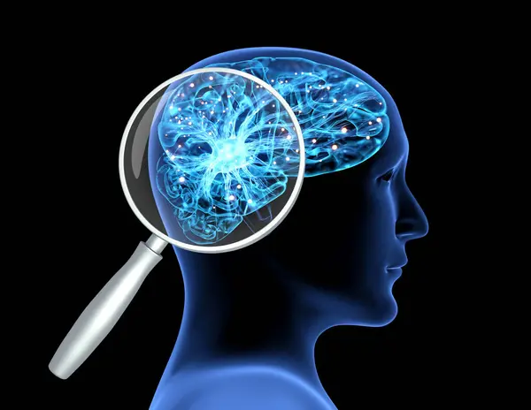 心の力 心理学 そして精神衛生の概念 明るい脳ネットワーク 電気活動 点滅および稲妻を備えたガラスおよび人間の頭部 ブラックバックで孤立 3Dレンダリング — ストック写真