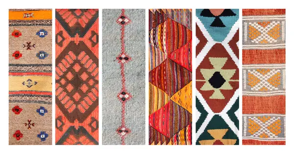 幾何学模様を持つ伝統的なウールカーペット モロッコ アフリカのテクスチャを持つ垂直または水平バナーのセット — ストック写真