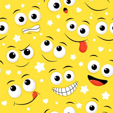 Farklı ruh halleri olan simgelerle kusursuz desen. Çizgi film yüz ifadeleriyle renklendirme deseni. Sonsuz doku şablon dolguları, web sayfası arka planı, kumaş dokusu için kullanılabilir. Vektör EPS8