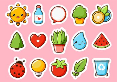 Set of eco stickers in kawaii style. Cute eye-catching summer tag, label collection with cute sun, water drop, plant. Collection of trendy sticker with cartoon characters. Vector illustration EPS8 clipart