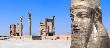 Horizontal banner with Gate of All Nations (Xerxes Gate) and face of assyrian protective deity lamassu - human-headed winged bull, Persepolis, Iran clipart