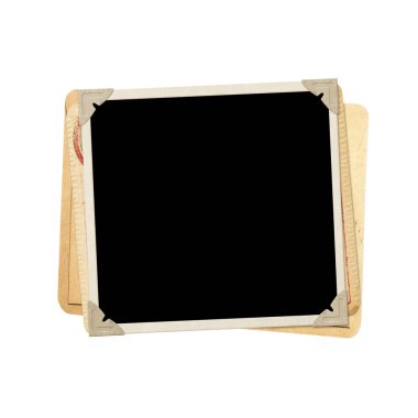 Retro fotoğraf çerçevesi, eski bir zarf ve eski bir kağıt kart. Nostaljik hatıra defteri arkaplanı. Şablon oluşturun. Uzayı metin için kopyala. Beyaz arkaplanda izole