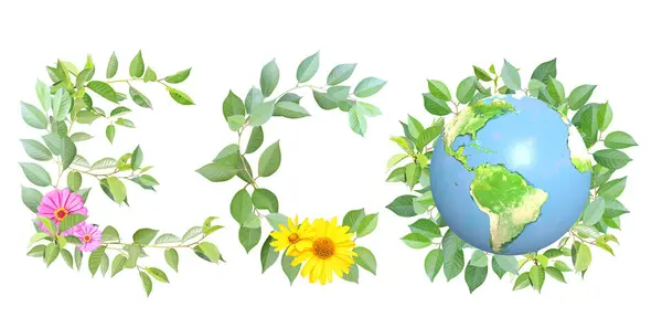 Den Země Slovo Eko Větví Zelenými Listy Planetou Ekologie Zelená — Stock fotografie