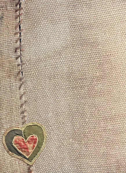 Two Pieces Old Burlap Sewn Together Thread Fabric Heart Vertical — Stock Photo, Image
