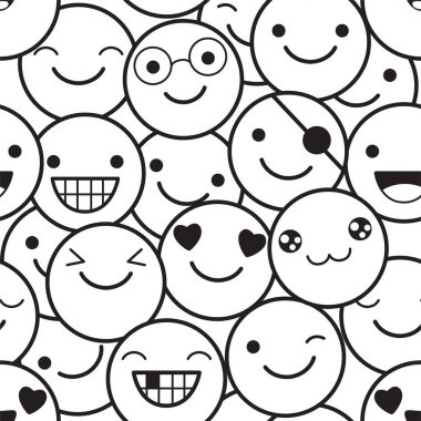 Simgeli siyah beyaz desenli kusursuz monokrom. Emoji 'nin yüzü farklı. Sonsuz doku tekstil dolguları, tişört tasarımı, web sayfası arka planı için kullanılabilir. Vektör EPS8
