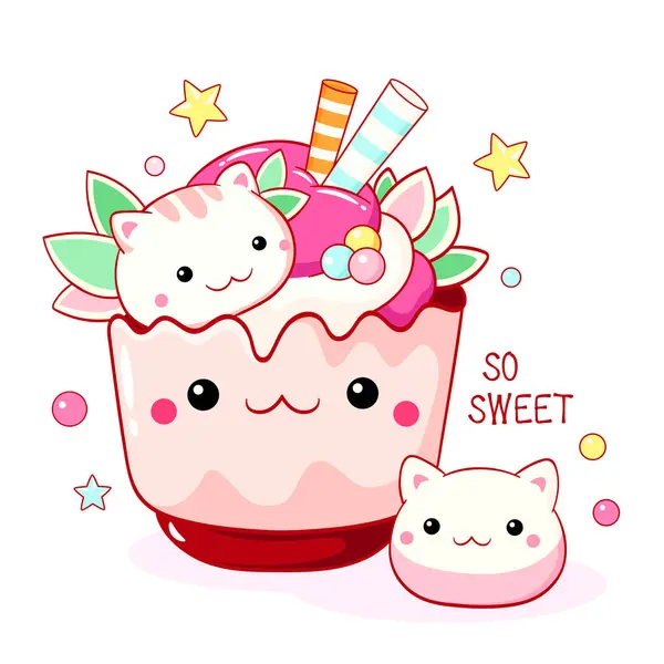 Stock vector Cute cat-shaped dessert in kawaii style. Cake, muffin and cupcake with whipped cream and berry. Inscription So sweet. Can be used for t-shirt print, sticker, greeting card. Vector illustration EPS8