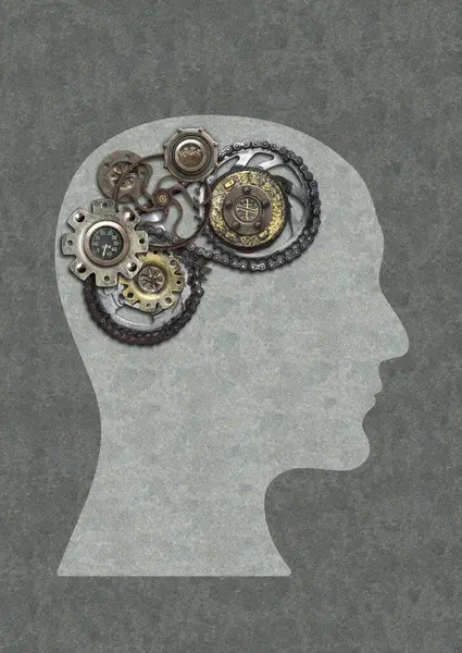 Dikey Steampunk Tarzı Arka Planda Insan Kafası Beyni Dişlilerden Yapılmış — Stok fotoğraf
