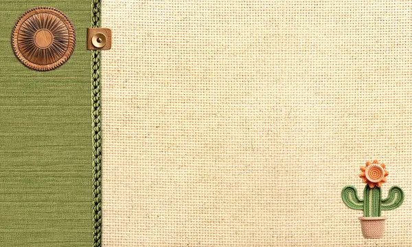 Reis Achtergrond Met Beige Groene Canvas Textuur Lederen Label Gebreide — Stockfoto