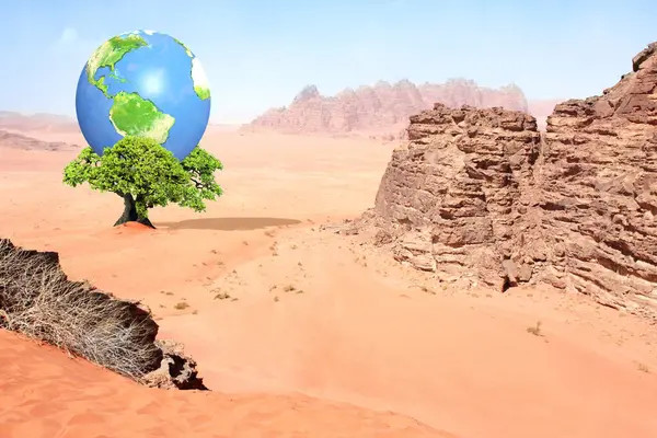 Jorddagen Planet Gröna Blad Träd Sandöken Ekologi Grönt Miljö Och — Stockfoto