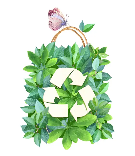 负责任的消费 用树叶制成的购物袋上的循环符号 生态友好型企业 零废物 环保理念 被分离在白雪上 — 图库照片#