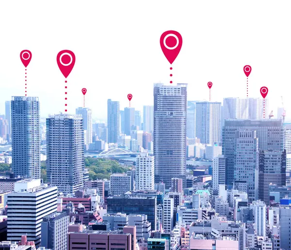 Nätanslutningskoncept Flygfoto Över Tokyo Huvudstad Japan Med Röd Plats Stift — Stockfoto