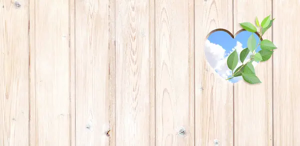 Hartvormig Gat Houten Plank Groene Bladeren Blauwe Lucht Met Wolken — Stockfoto