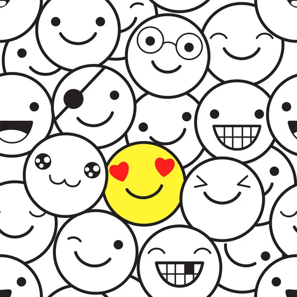矢量无缝模式与许多单色和一个黄色的情绪 Emoji面容不同 无限纹理可用于纺织品图案填充 T恤衫设计 网页背景 — 图库矢量图片