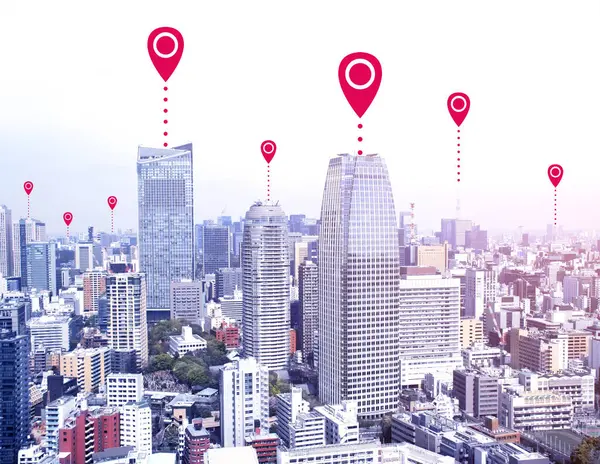 ネットワーク接続の概念 赤い位置のピンを備えた東京都の空中ビュー グローバルポジショニングシステムピンマップ 東京の地図ピン モダンな旅行 観光コンセプト — ストック写真