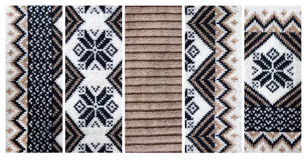 幾何学の装飾が付いているライト ブラウン 暗い茶色および白い色のウールのセーターの質が付いている水平か縦の旗のセット 装飾的な装飾の自然な編まれたウール材料のコレクション — ストック写真