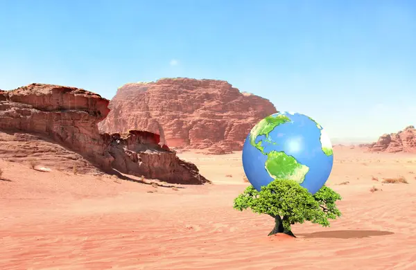 Dia Terra Planeta Folhas Verdes Árvore Deserto Areia Ecologia Verde — Fotografia de Stock