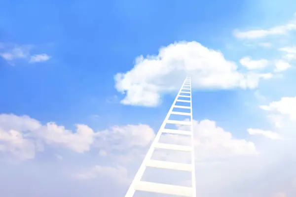 Merdiven Mavi Gökyüzü Arka Planında Buluta Ulaşıyor Motivasyon Ilham Ruhani — Stok fotoğraf