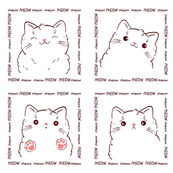 Aranyos Négyzet Kártya Cica Kawaii Stílusban Kedves Macskák Különböző Érzelmekkel — Stock Vector
