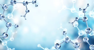 Horizontal banner with model of abstract molecular structure. Background of blue color with glass atom model. Copy space for your text. 3d render