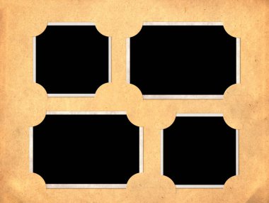 Yatay eski albüm sayfası ve dört eski fotoğraf çerçevesi. Nostaljik yapıştırma kitabı tarzı. Şablon oluşturun. Metin için alanı kopyala