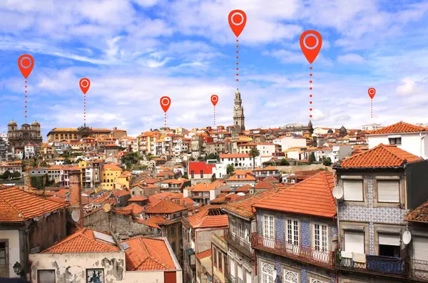 Koncepcja Połączenia Sieci Widok Lotu Ptaka Starą Część Ribeiry Porto — Zdjęcie stockowe