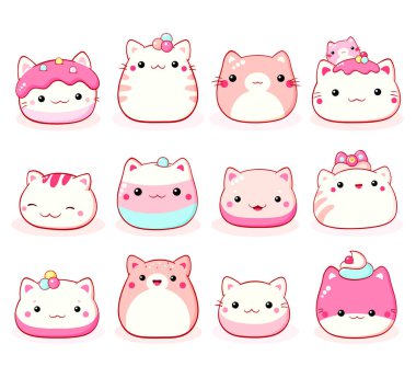 Set of traditional Chinese animal-shaped mantou buns. Collection of cute cat-shaped asian dessert in kawaii style. Can be used for t-shirt print, sticker, greeting card. Vector illustration EPS8 clipart