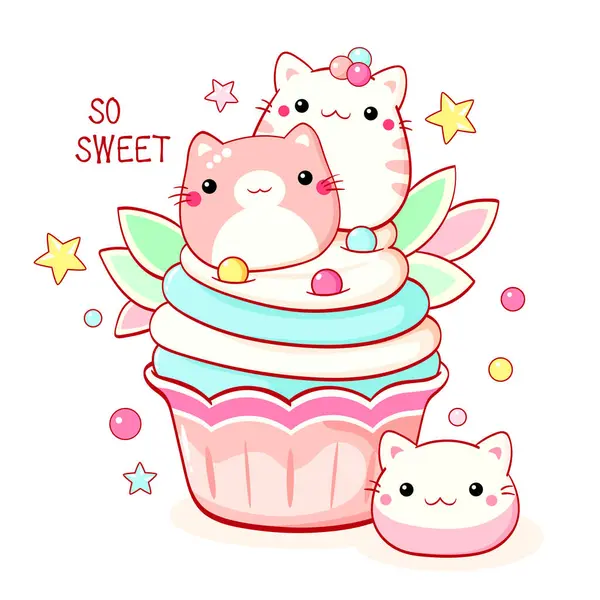 Niedliches Katzenförmiges Dessert Kawaii Stil Kuchen Muffin Und Cupcake Mit — Stockvektor