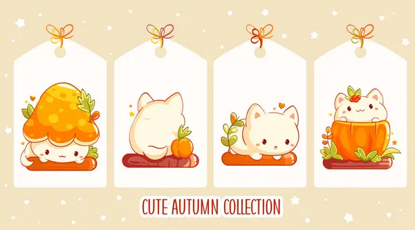 Spokojny Sezon Jesienny Zestaw Cute Tag Stylu Retro Małym Kotkiem — Wektor stockowy