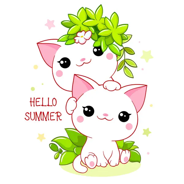 かわいいシーズンカード 緑の葉を持つ2匹の可愛い猫 サイン こんにちは夏 Tシャツの印刷物 ステッカー 挨拶カードの設計に使用することができます ベクトルイラスト Eps8 — ストックベクタ