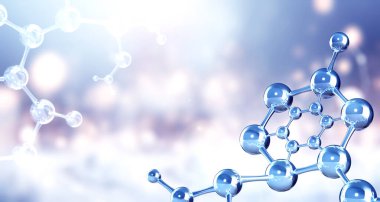Horizontal banner with model of abstract molecular structure. Background of blue color with glass atom model. Copy space for your text. 3d render