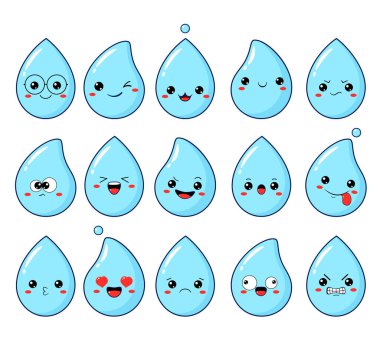 Su damlası emojisi koleksiyonu farklı bir ruh halindedir. Mutlu, üzgün, ağlayan, korku saçan, çılgın ifadeli bir çizgi film damlası seti. Vektör illüstrasyonu EPS8